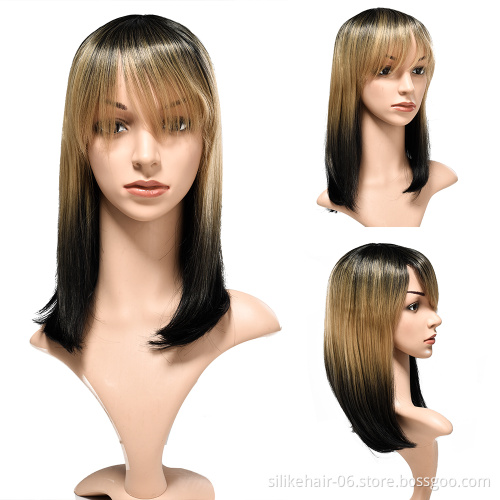 Straight Wigs Hair for Women Natural As Real human wigs  16 Inches Straight with Flat Bangs Synthetic Dyeing Gradient ShortHair